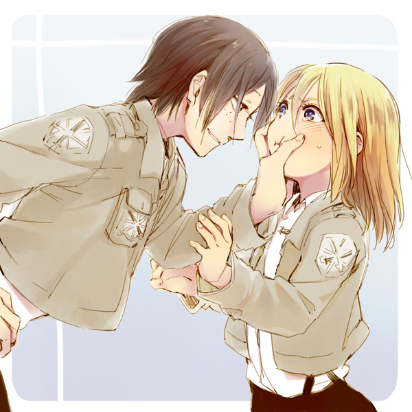 2girls, bad_id, bad_pixiv_id, blonde_hair, blue_eyes, brown_hair, cheek_squash, freckles