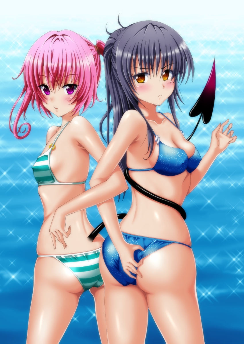 10s, 2girls, adjusting_clothes, adjusting_swimsuit, ass, bikini, black_hair, blue_bikini