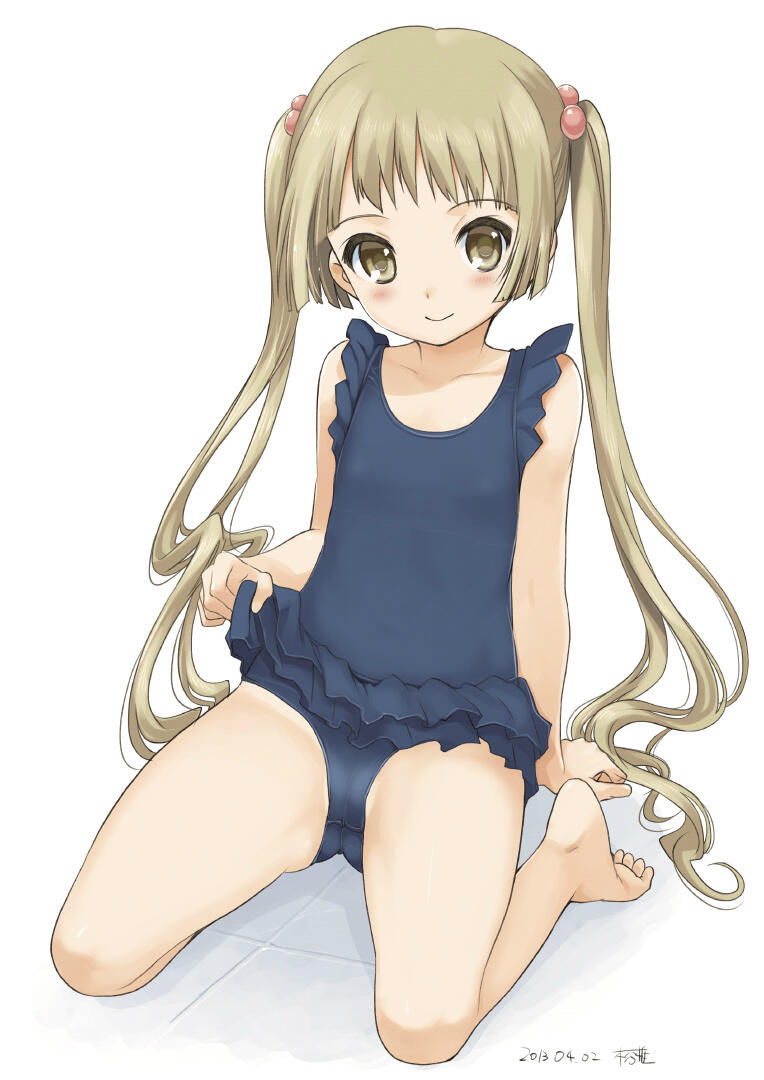 10s, 1girl, bad_id, bad_twitter_id, barefoot, blush, brown_eyes, brown_hair, child, double_flare_skirt_one-piece, feet, female_focus, flat_chest, frilled_swimsuit, frills, full_body, hair_bobbles, hair_ornament, idolmaster, idolmaster_cinderella_girls, kiya_shii, long_hair, nontraditional_school_swimsuit, one-piece_swimsuit, school_swimsuit, simple_background, sitting, smile, solo, swimsuit, tile_floor, tiles, toes, twintails, wariza, white_background, yokoyama_chika