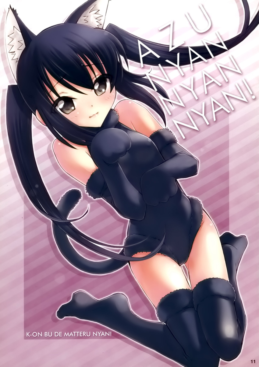 1girl, animal_ears, black_hair, brown_eyes, cat_ears, cat_tail, elbow_gloves, female_focus, gloves, highres, ichiba_ko'ushi, k-on!, kittysuit, leotard, nakano_azusa, nontraditional_playboy_bunny, paw_pose, solo, tail, thighhighs, twintails