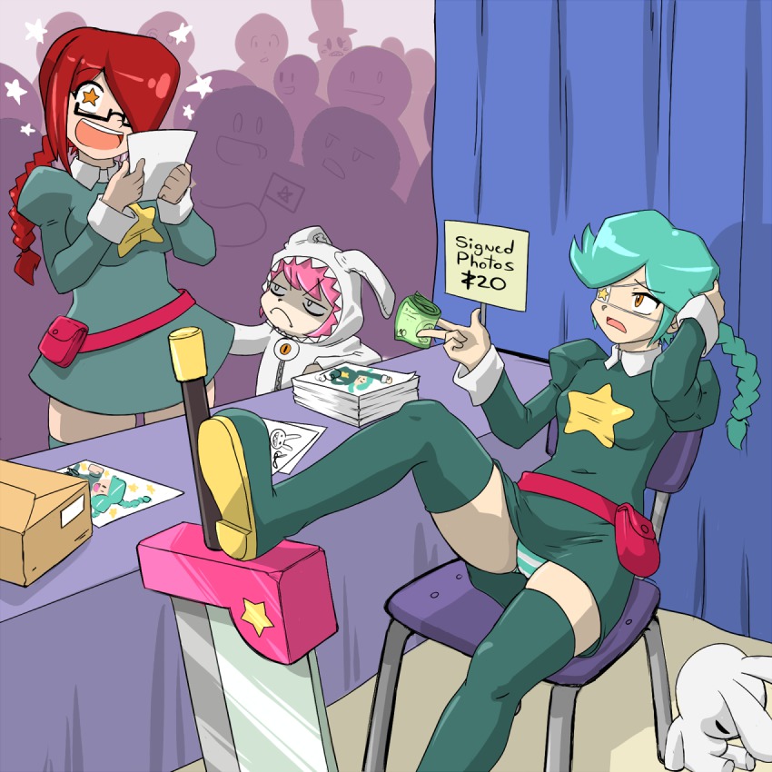 3girls, age_difference, alternate_hairstyle, animal_costume, annie_(skullgirls), annie_(skullgirls)_(cosplay), annie_of_the_stars_(cosplay), bag, belt, belt_pouch, boots, braid, breasts, chair, clothes_lift, completely_unamused, cosplay, dress, english_text, eyeball, eyepatch, frown, glasses, gloom_(expression), green_boots, green_hair, green_legwear, green_skirt, hair_over_one_eye, happy, hat, highres, jitome, large_breasts, long_hair, money, multiple_girls, panties, pantyshot, parasoul_(skullgirls), peacock_(skullgirls), pink_eyes, pouch, rabbit_costume, red_hair, sagan_(skullgirls), sagan_(skullgirls)_(cosplay), semi-rimless_eyewear, serious, shadowbug_x, sharp_teeth, siblings, sisters, sitting, size_difference, skirt, skirt_lift, skirt_tug, skullgirls, smile, standing, star-shaped_pupils, star_(symbol), striped_clothes, striped_panties, stuffed_animal, stuffed_rabbit, stuffed_toy, sword, symbol-shaped_pupils, teeth, thigh_boots, thighhighs, twin_braids, twintails, umbrella_(skullgirls), unamused, under-rim_eyewear, underwear, upskirt, weapon, yellow_eyes, zettai_ryouiki