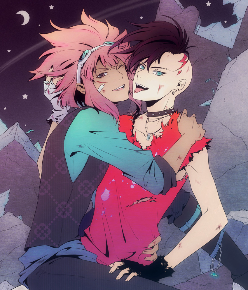 2boys, agent_051, black_hair, blue_eyes, choker, crescent_moon, dark_skin, dark-skinned_male, earrings, fingerless_gloves, fudou_akio, gloves, goggles, goggles_on_head, highres, inazuma_eleven, inazuma_eleven_(series), jewelry, long_hair, male_focus, mohawk, moon, multiple_boys, necklace, night, one_eye_closed, pink_eyes, pink_hair, short_hair, smile, star_(symbol), tank_top, tongue, tongue_out, torn_clothes, tsunami_jousuke, wink