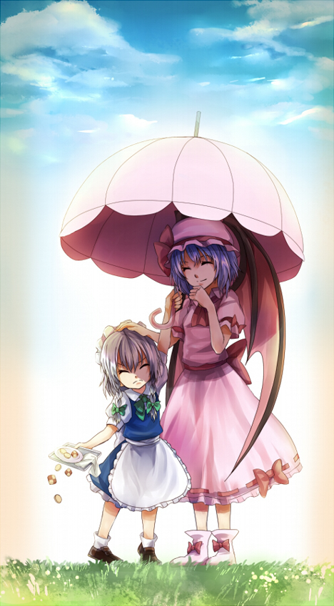 2girls, ^_^, bad_id, bad_pixiv_id, bat_wings, blue_hair, braid, child