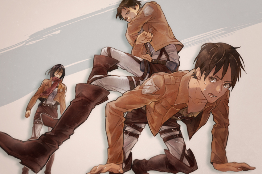 1girl, 2boys, belt, black_hair, boots, eren_yeager, jacket, levi_(shingeki_no_kyojin)