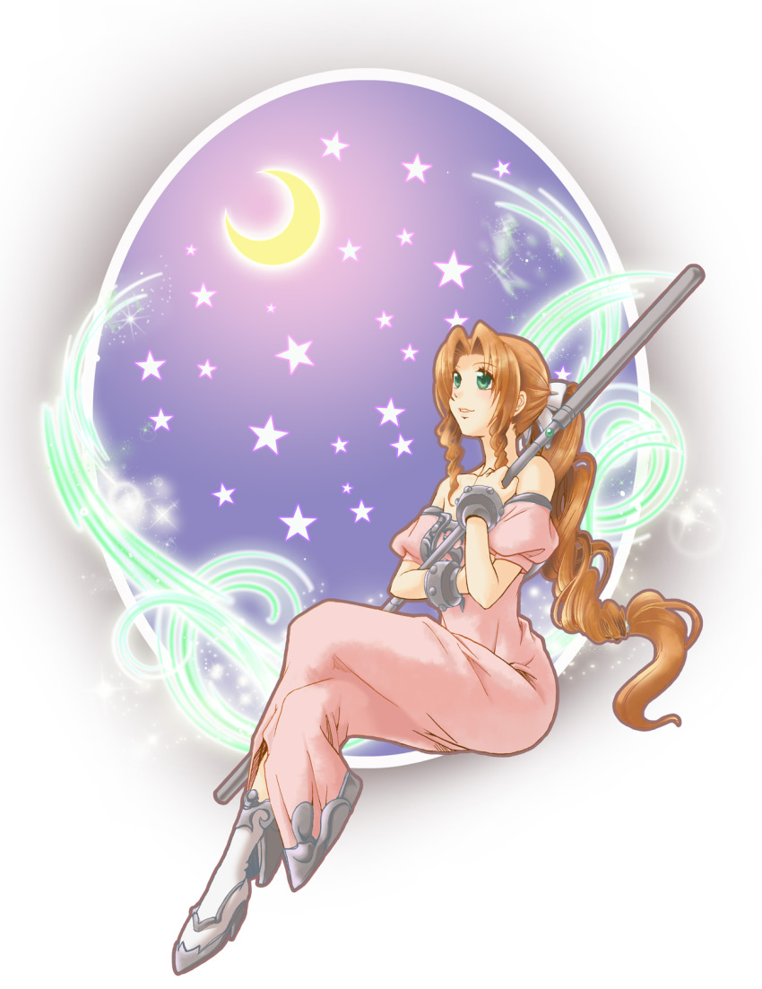 1990s_(style), 1girl, aerith_gainsborough, amano_yoshitaka_design, bare_shoulders, boots, bow, brown_hair