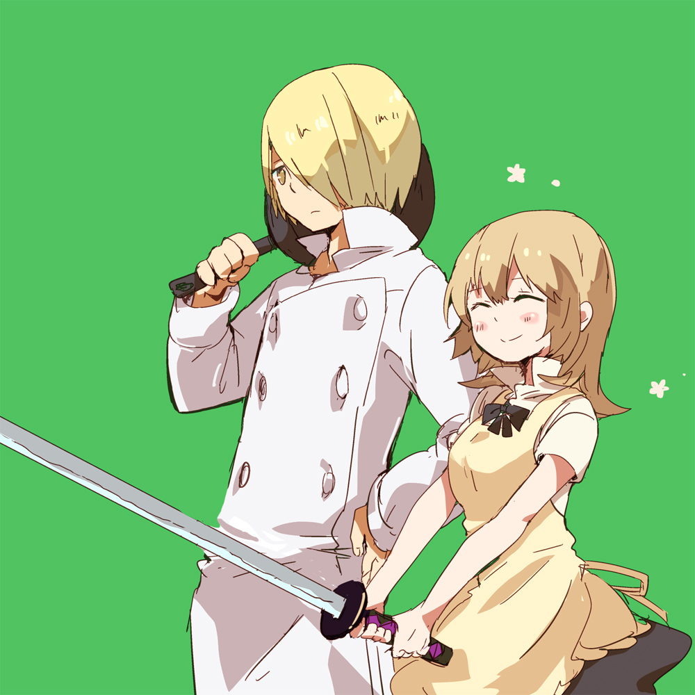 1boy, 1girl, ^_^, apron, blonde_hair, chef, closed_eyes, frying_pan