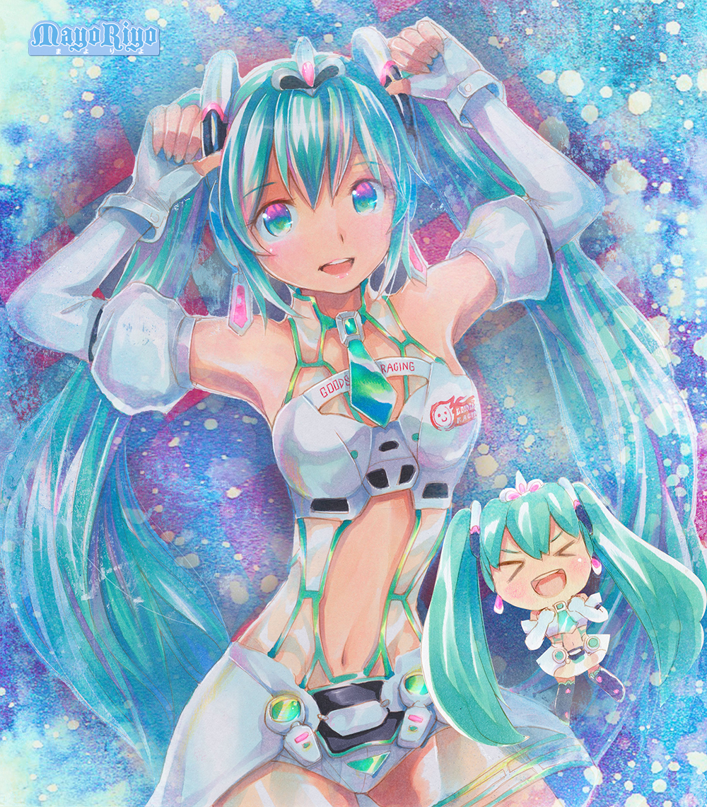 >_<, 1girl, aqua_hair, armpits, arms_up, artist_name, chibi, chibi_miku_(mayo_riyo)