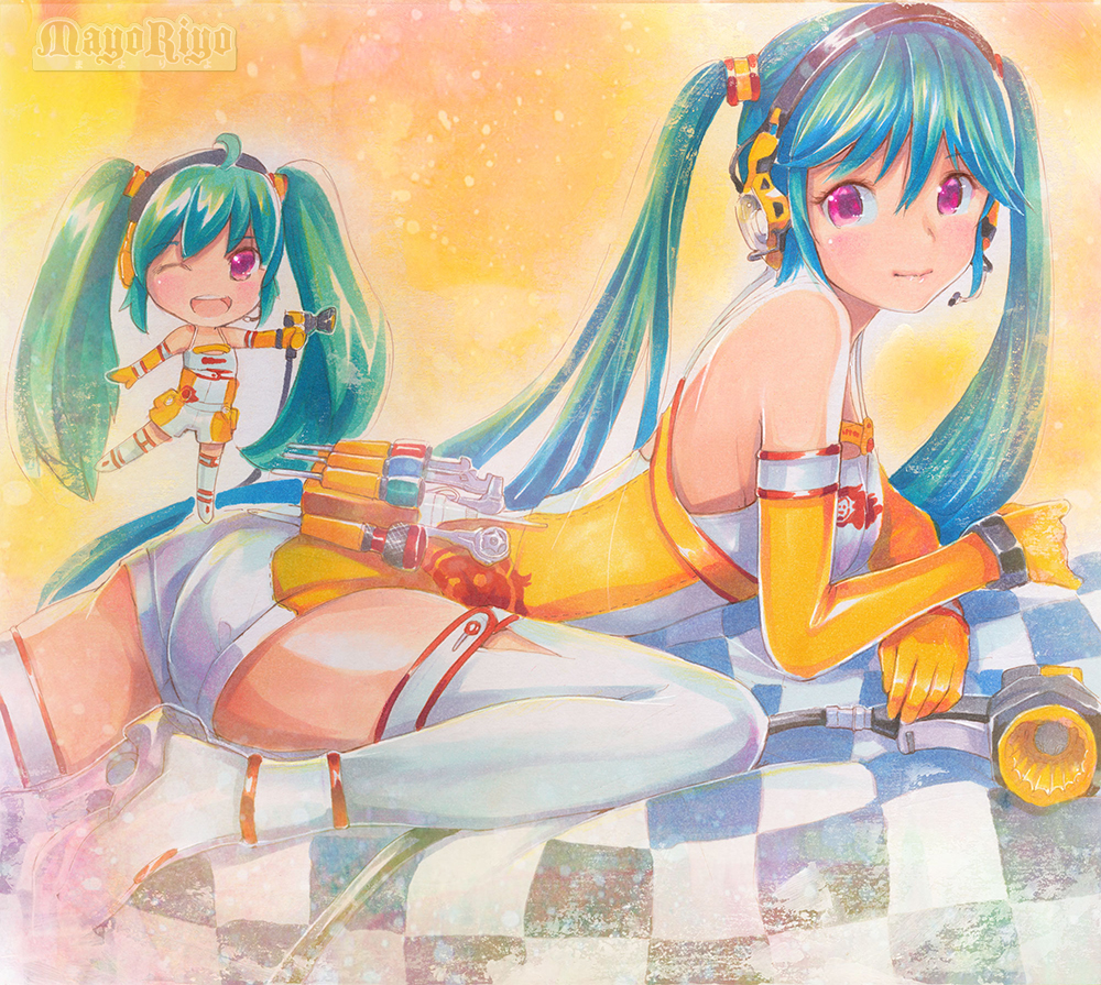 1girl, ahoge, aqua_hair, artist_name, boots, checkered_flag, chibi, chibi_miku_(mayo_riyo), elbow_gloves, flag, gloves, goodsmile_company, goodsmile_racing, green_hair, hatsune_miku, headset, high_heels, long_hair, lying, mayo_riyo, one_eye_closed, pink_eyes, race_queen, racing_miku, racing_miku_(2010), shoes, thigh_boots, thighhighs, traditional_media, twintails, very_long_hair, vocaloid, wink