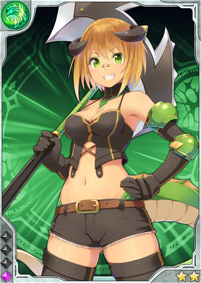 1girl, axe, bandaid, black_thighhighs, blonde_hair, elbow_gloves, elbow_pads, female_focus, gloves, green_background, green_eyes, grin, horns, jormungandr_(zettai_bouei_leviathan), navel, official_art, scales, short_hair, short_shorts, shorts, smile, solo, tail, thighhighs, weapon, zettai_bouei_leviathan, zettai_ryouiki