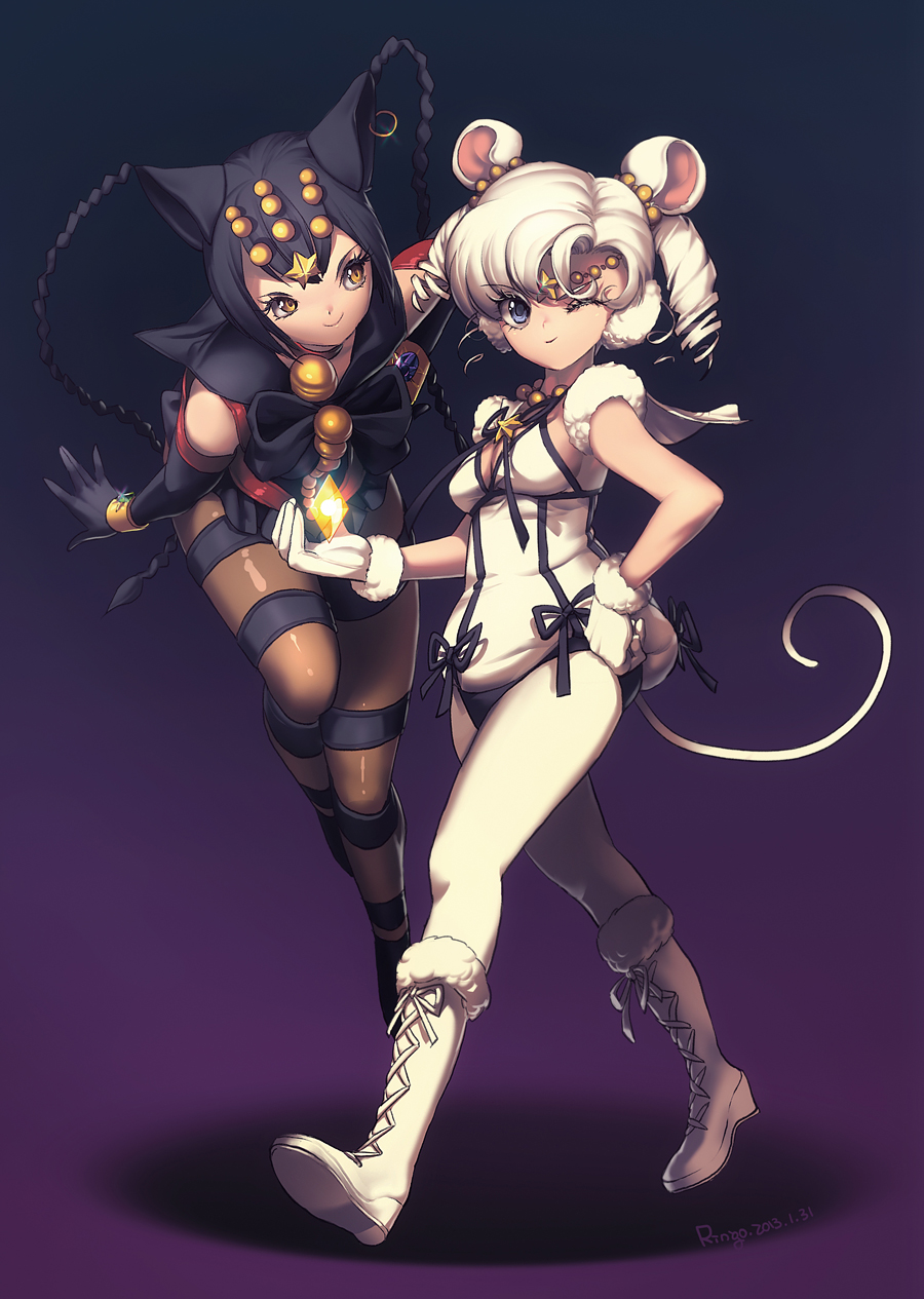 10s, 1990s_(style), 2013, 2girls, animal_ears, bell, bishoujo_senshi_sailor_moon, bishoujo_senshi_sailor_moon_sailor_stars, bishoujo_senshi_sailor_moon_stars, black_background, black_gloves, black_hair, blue_eyes, boots, brooch, choker, dated, drill_hair, full_body, gloves, gradient_background, highres, jewelry, leotard, matsuki_ringo, mouse_ears, multiple_girls, pantyhose, purple_background, retro_artstyle, sailor_collar, sailor_iron_mouse, sailor_tin_nyanko, short_hair, short_twintails, signature, smile, star_brooch, twin_drills, twintails, white_gloves, white_hair, white_legwear, white_sailor_collar, yellow_eyes