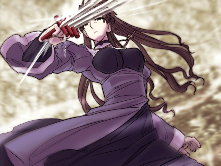 1girl, between_fingers, black_eyes, black_keys_(type-moon), brown_hair, cccbast, fate/stay_night, fate_(series)