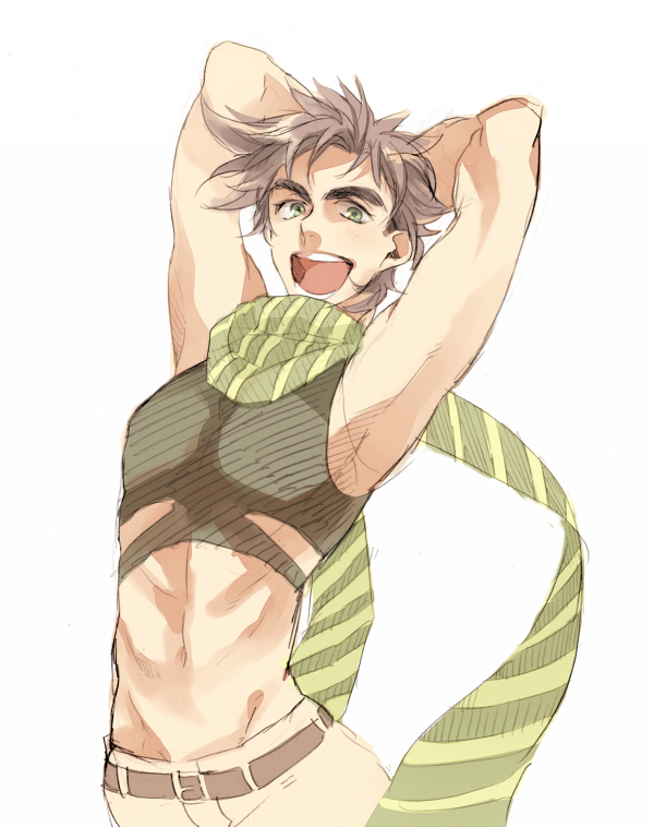 1boy, :d, arms_behind_head, bad_id, bad_pixiv_id, battle_tendency, belt, brown_hair