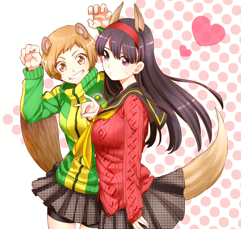 2girls, amagi_yukiko, animal_ears, atlus, bad_id, bad_pixiv_id, bike_shorts, black_hair, brown_eyes, brown_hair, megami_tensei, multiple_girls, persona, persona_4, purple_eyes, satonaka_chie, shin_megami_tensei, skirt, skllp, sweater, tail, unmoving_pattern