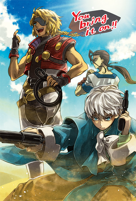 3boys, bartholomew_fatima, beach, billy_lee_black, black_hair, braid, day, dual_wielding