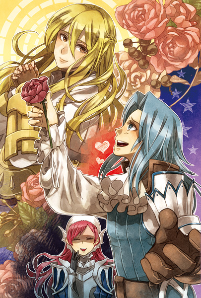 1girl, 2boys, armor, blue_eyes, blue_hair, cherche_(fire_emblem), fire_emblem, fire_emblem_awakening, flower, hair_between_eyes, kuniomi, libra_(fire_emblem), long_hair, multiple_boys, nintendo, red_hair, rose, shaded_face, smile, trap, virion_(fire_emblem), yellow_eyes