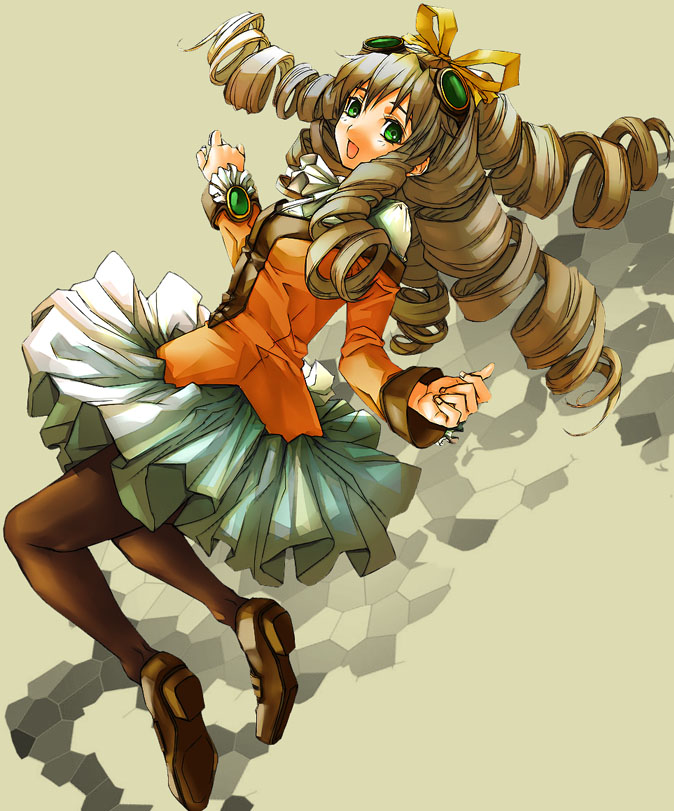 1girl, bad_id, bad_pixiv_id, bow, brown_hair, drill_hair, female_focus, frilled_skirt, frills, goggles, goggles_on_head, green_eyes, long_hair, maria_balthasar, pantyhose, poripuropiren, skirt, solo, xeno_(series), xenogears, yellow_bow