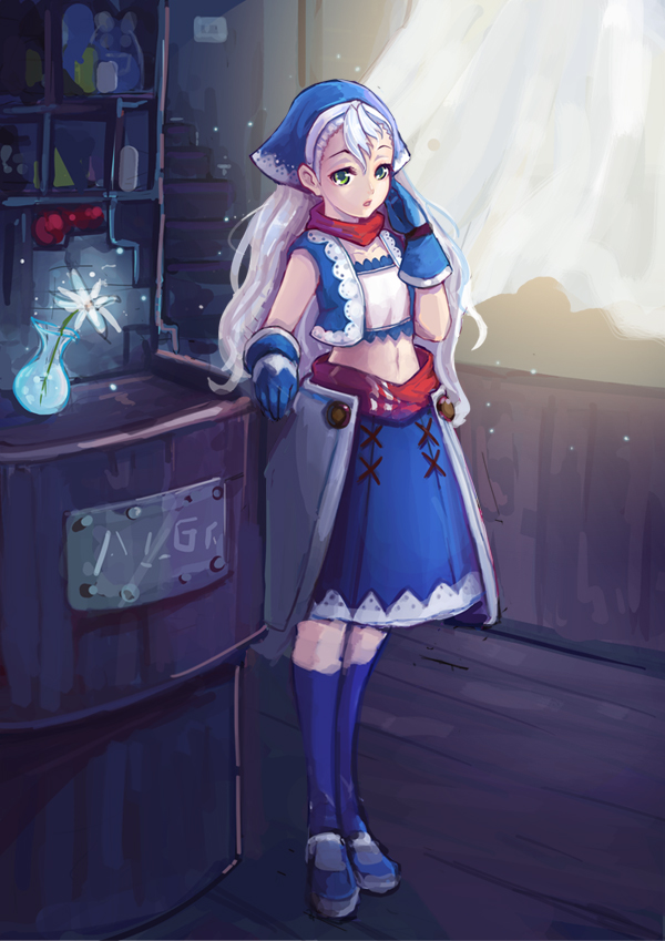 1girl, arm_up, bandana, bandeau, blue_headscarf, blue_socks, curtains, female_focus