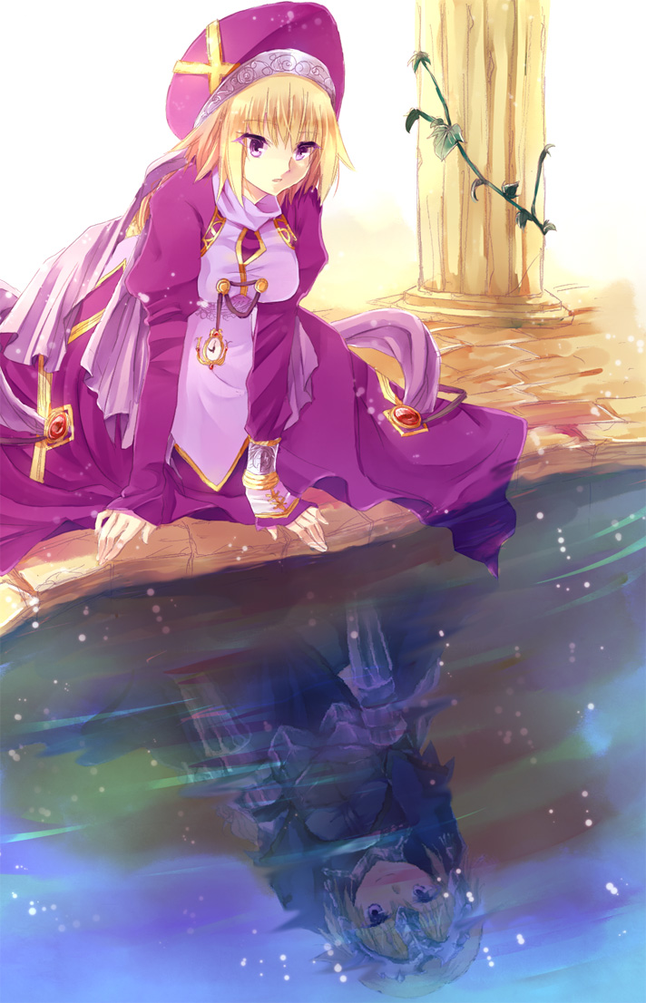 1girl, armor, armored_dress, blonde_hair, braid, different_reflection, dress, dual_persona, fate/apocrypha, fate_(series), gauntlets, hat, headpiece, hoshiyume_yashiro, jeanne_d'arc_(fate), jeanne_d'arc_(ruler)_(fate), juliet_sleeves, kaitou_jeanne, kamikaze_kaitou_jeanne, long_hair, long_sleeves, name_connection, parody, puffy_sleeves, purple_eyes, reflected_worlds, reflection, single_braid