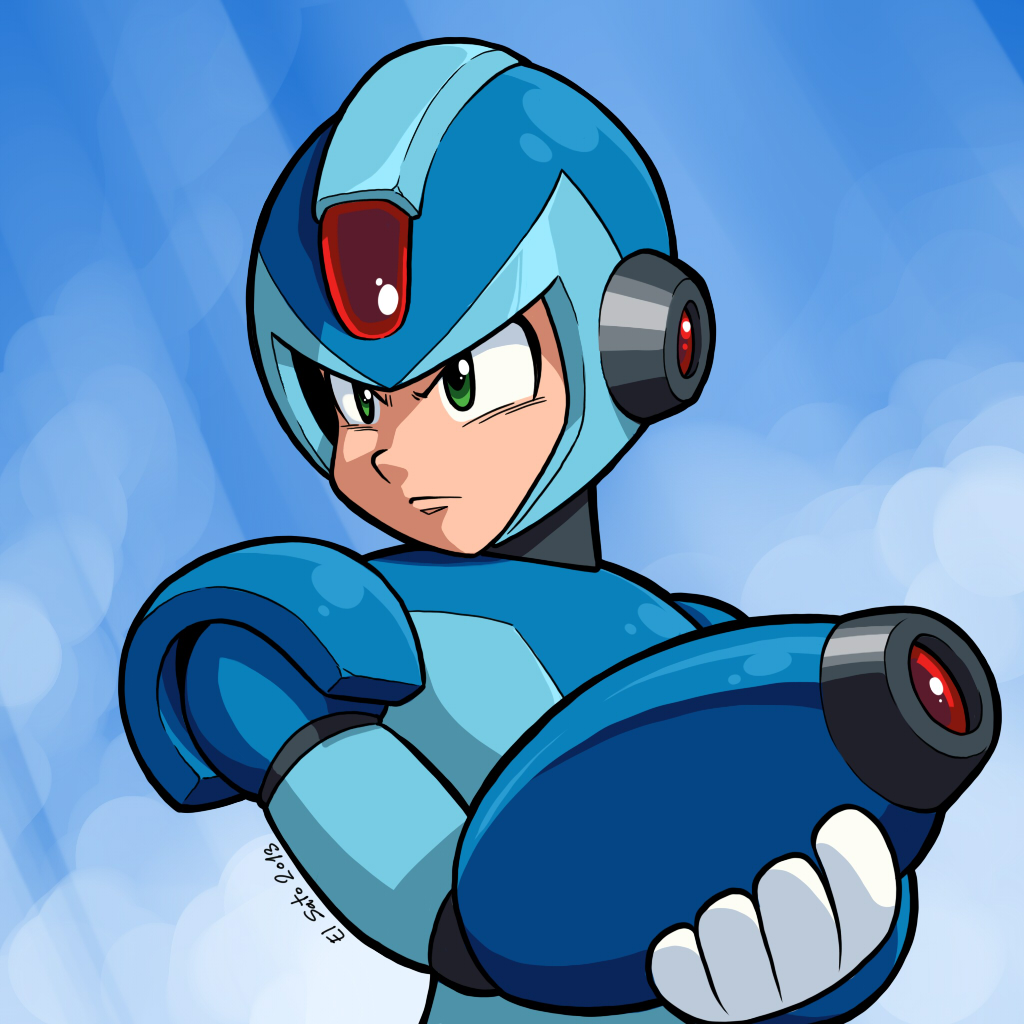 1boy, android, arm_cannon, capcom, el-sato, green_eyes, helmet, male_focus, mega_man_(series), x_(mega_man), mega_man_x_(series), solo, weapon