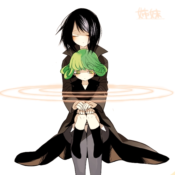 2girls, ban_(ban62460424), black_dress, black_hair, closed_eyes, curly_hair, dress, fubuki_(one-punch_man)