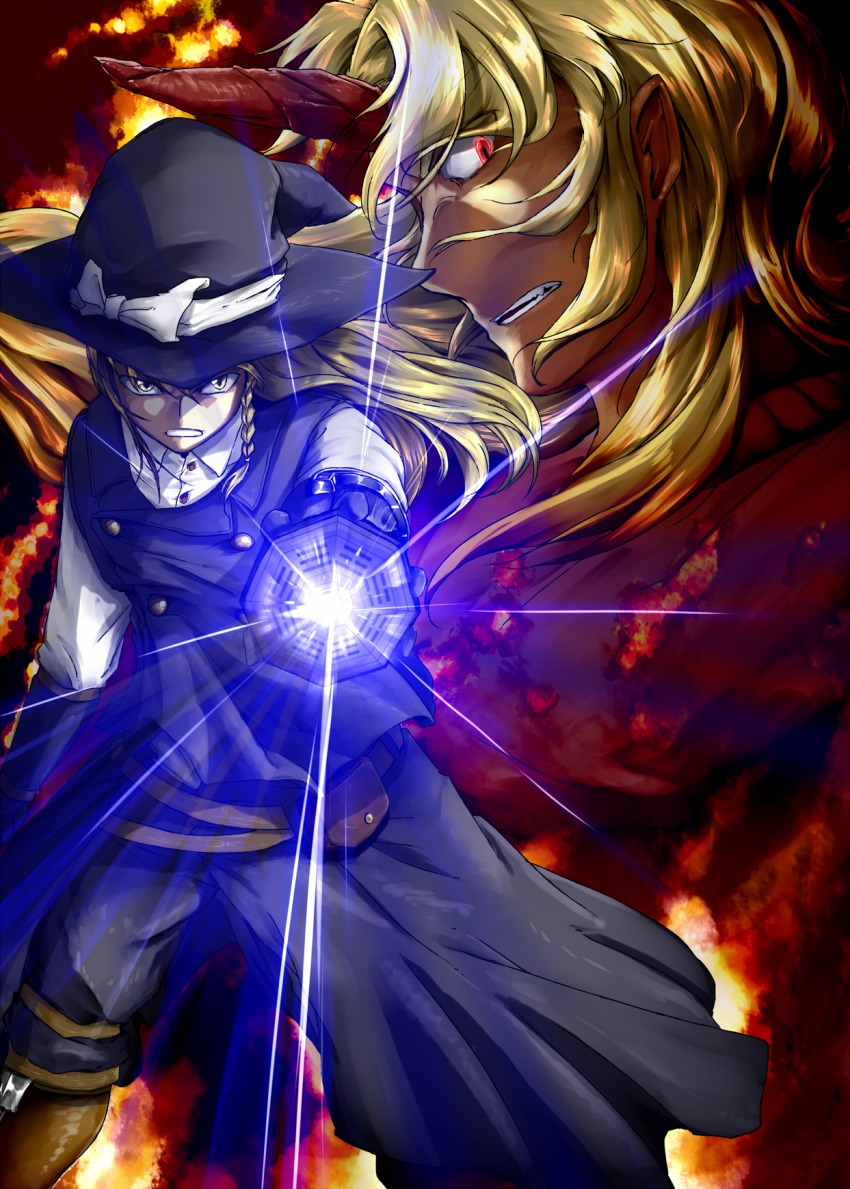 2girls, alternate_costume, blonde_hair, female_focus, glowing, hat, highres, horns, hoshiguma_yuugi, kirisame_marisa, kusabi_(fatesyuki23), mini-hakkero, multiple_girls, pants, pointy_ears, profile, red_eyes, sideways_glance, single_horn, touhou, witch_hat