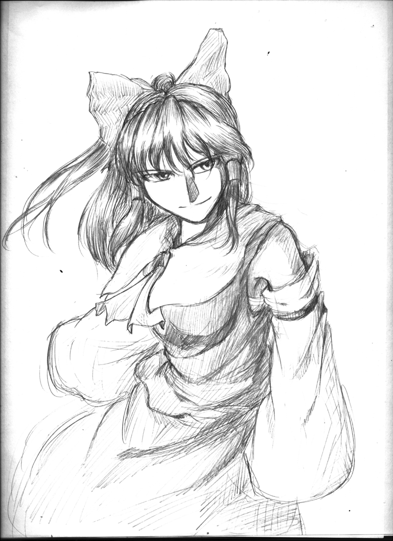 1girl, bow, detached_sleeves, female_focus, graphite_(medium), greyscale, hair_bow, hair_tubes