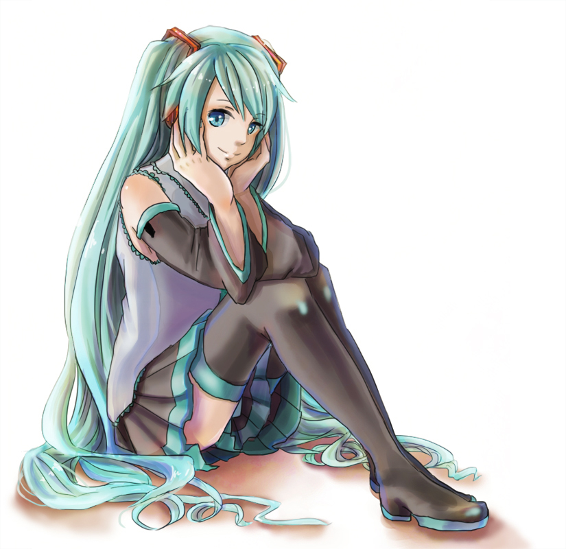 1girl, aqua_eyes, aqua_hair, boots, detached_sleeves, female_focus, hatsune_miku, long_hair