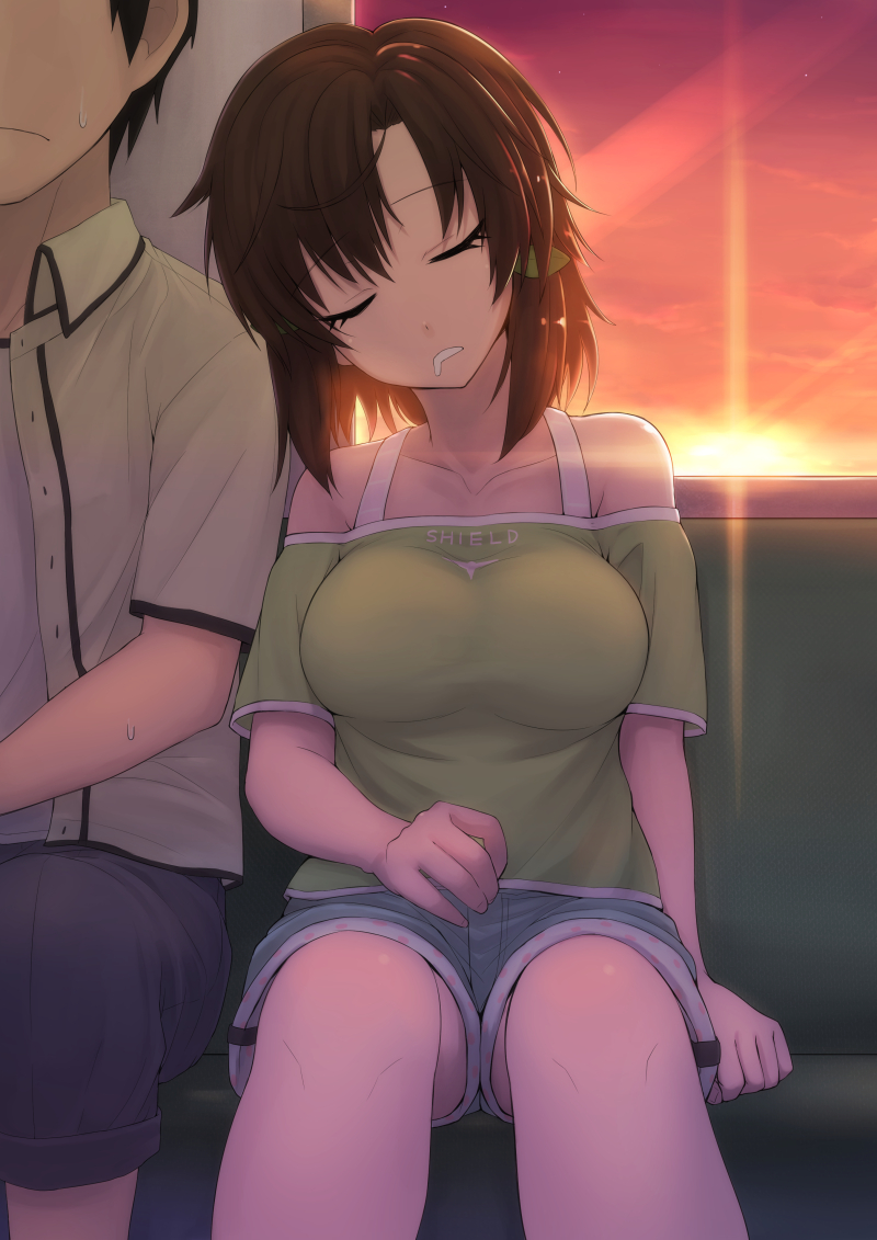 1boy, 1girl, bare_shoulders, breasts, brown_hair, collarbone, coupe50, drooling, english_text, hair_ornament, hairclip, large_breasts, leaning_on_person, maeda_kazuya, masaki_nonoka, photokano, polka_dot, short_hair, short_shorts, shorts, sitting, sky, sleeping, sleeping_upright, sunset, sweatdrop, tank_top, train, train_interior, window