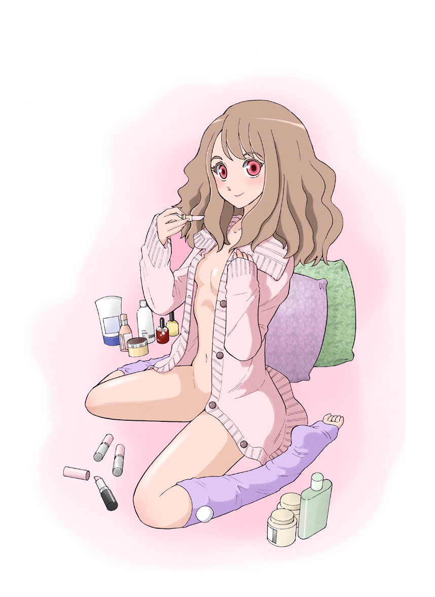 1girl, artist_request, barefoot, blush, breasts, brown_hair, buttons, cardigan