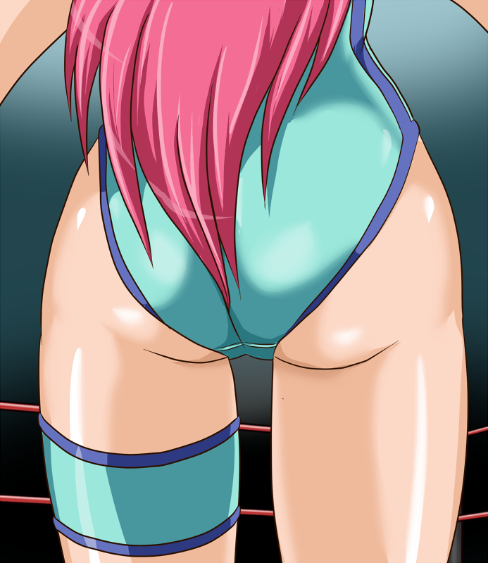 1girl, ass, ass_focus, back, breasts, close-up, legband, leotard, long_hair, mighty_yukiko, pink_hair, taroimo_(00120014), thigh_strap, wrestle_angels, wrestle_angels_survivor, wrestling_outfit, wrestling_ring