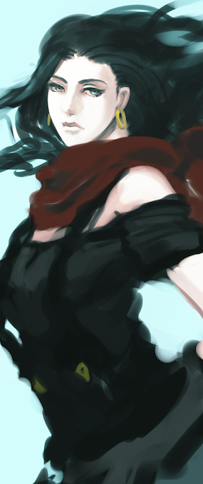 1girl, bare_shoulders, battle_tendency, black_hair, blue_background, blue_eyes, earrings, female_focus