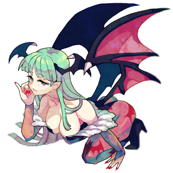 1girl, bat_wings, breasts, brown_eyes, capcom, darkstalkers, demon_girl, female_focus, green_hair, head_wings, large_breasts, long_hair, morrigan_aensland, nail_polish, pantyhose, puteru, solo, wings