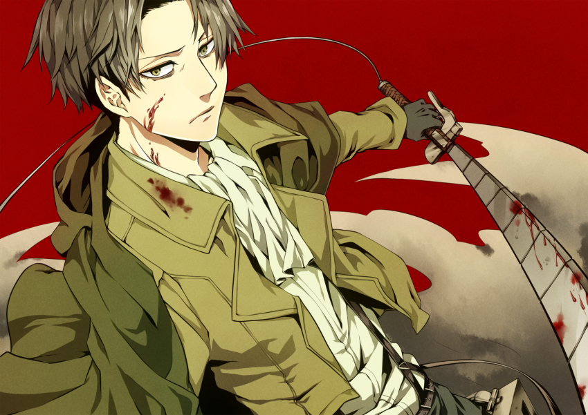1boy, belt, blood, brown_hair, cape, ginzakura, gloves, highres, jacket, levi_(shingeki_no_kyojin), male_focus, sano0822, shingeki_no_kyojin, short_hair, solo, sword, weapon