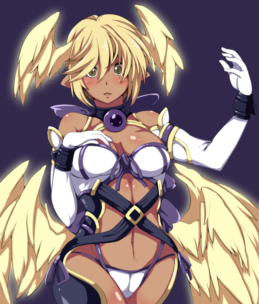 1girl, arm_up, bare_shoulders, blonde_hair, blush, breasts, cleavage, colorized