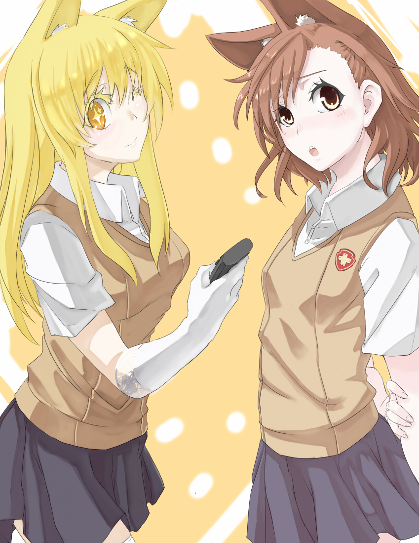 +_+, 2girls, :o, ;), animal_ears, blonde_hair, brown_eyes, brown_hair