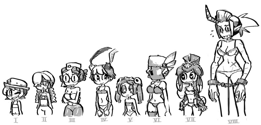 6+girls, amputee, annie_(skullgirls), arm_cannon, bare_shoulders, black_dahlia, bloody_marie_(skullgirls), blush