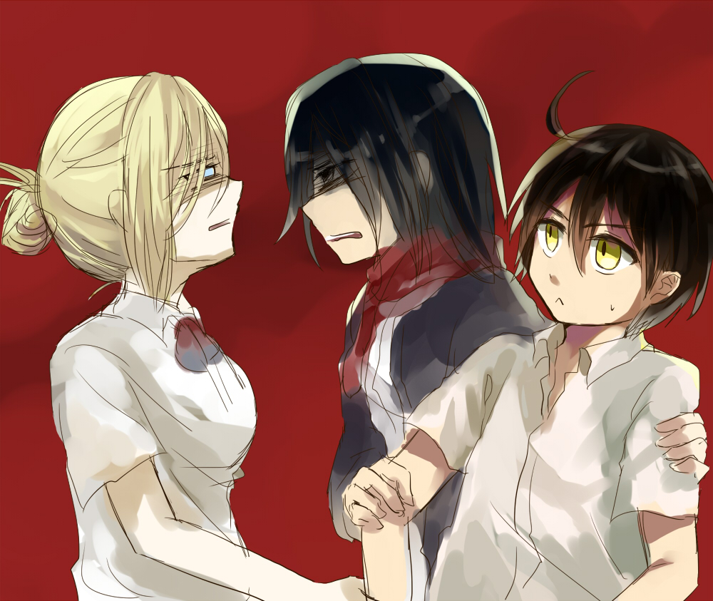 1boy, 2girls, annie_leonhart, black_eyes, black_hair, blonde_hair, blue_eyes, eren_yeager, mikasa_ackerman, multiple_girls, scarf, shingeki_no_kyojin, short_hair, totte