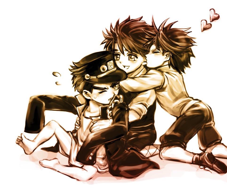 3boys, aged_down, bad_id, bad_pixiv_id, barefoot, child, freeky, grandfather_and_grandson, hat, heart, hug, jojo_no_kimyou_na_bouken, jonathan_joestar, joseph_joestar, joseph_joestar_(young), kuujou_joutarou, male_focus, monochrome, multiple_boys, suspenders