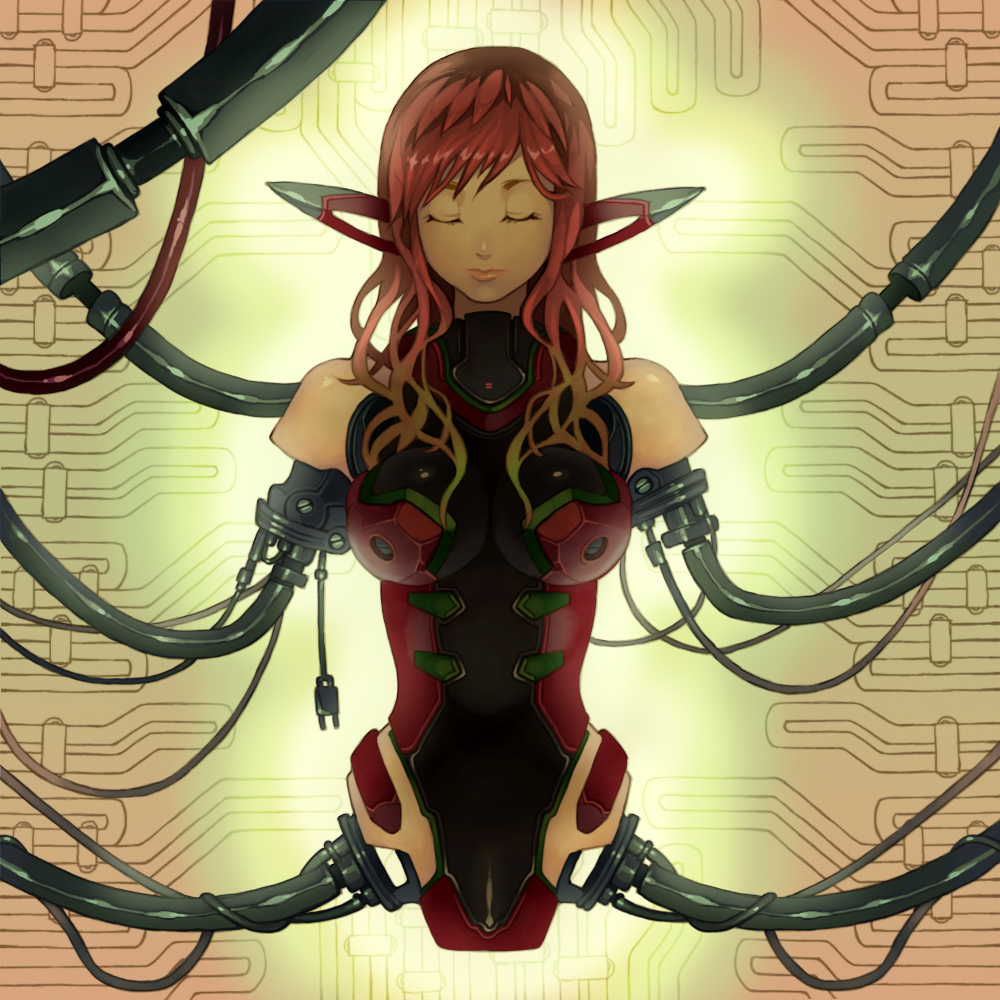 1girl, amputee, android, cable, closed_eyes, electric_plug, female_focus, hanging, kuzuno_ha, long_hair, mechabare, phantasy_star, phantasy_star_online_2, pointy_ears, quadruple_amputee, red_hair, rose_series, solo, wavy_hair
