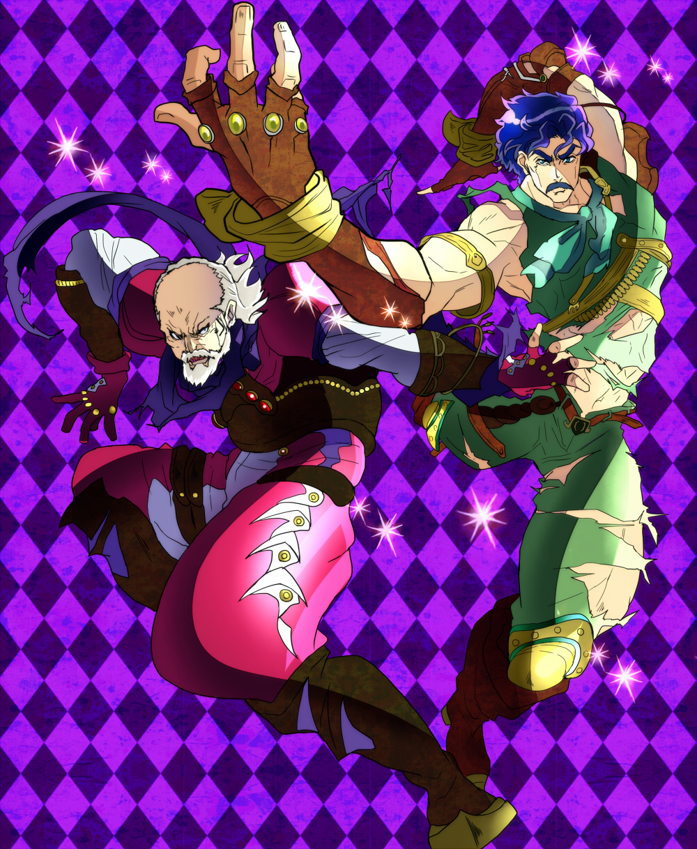 2boys, beard, blue_hair, boots, cosplay, dario_brando, dio_brando, dio_brando_(cosplay), facial_hair, fingerless_gloves, george_joestar, gloves, highres, honchu, jojo_no_kimyou_na_bouken, jonathan_joestar, jonathan_joestar_(cosplay), male_focus, midriff, multiple_boys, mustache, pants, parody, phantom_blood, torn_clothes, torn_pants, white_hair