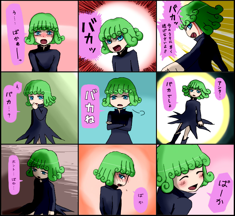 1girl, being_called_an_idiot_by_your_wife, black_dress, blood, blue_eyes, blush, chart, closed_eyes, curly_hair, dress, green_hair, happy, multiple_drawing_challenge, multiple_expressions, one-punch_man, smile, tatsumaki, tears, tomatomatotto, translation_request