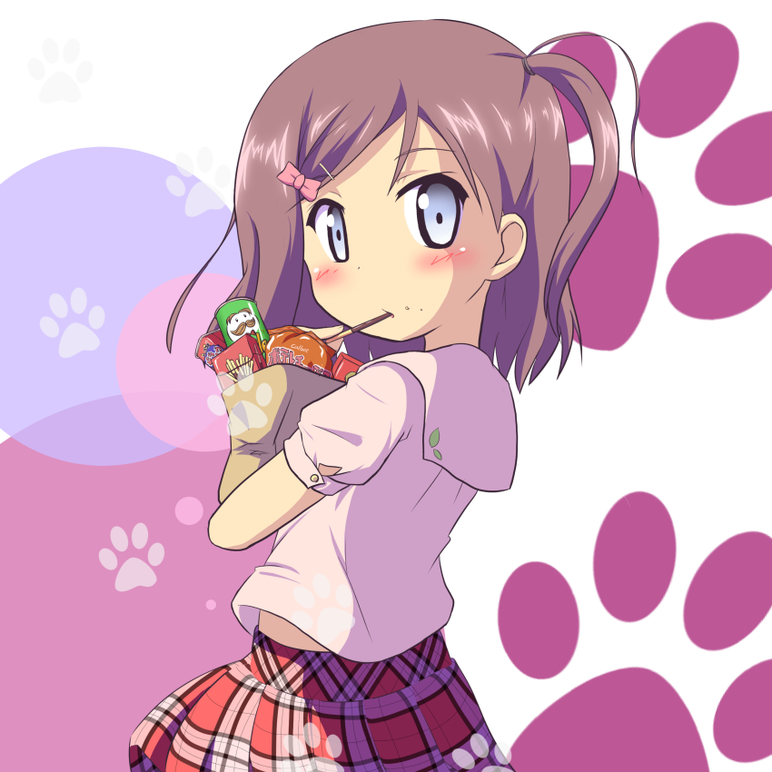 10s, 1girl, absurdres, black_hair, blue_eyes, blush, bow, dress_shirt, food, gobaku_arashi, hair_bow, hentai_ouji_to_warawanai_neko., highres, looking_at_viewer, paw_print, plaid_clothes, plaid_skirt, pleated_skirt, pocky, pringles, shirt, short_hair, skirt, tsutsukakushi_tsukiko