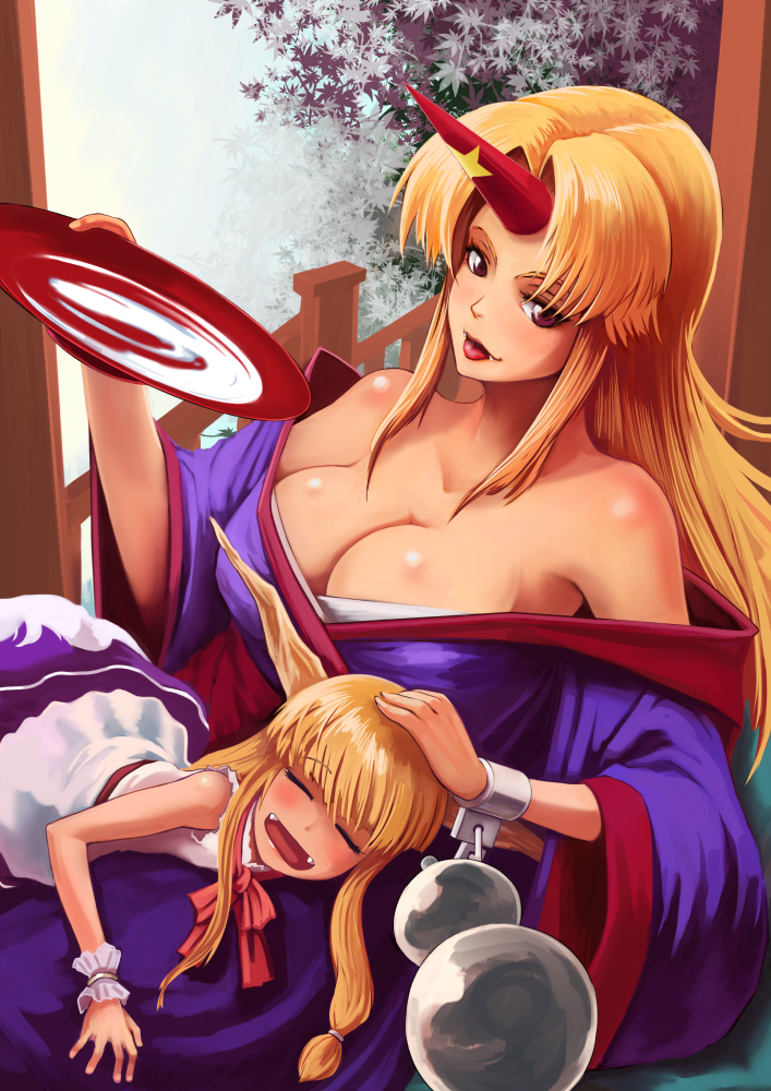 2girls, alcohol, bare_shoulders, blonde_hair, blouse, breasts, cleavage, cuffs, cup, dress, closed_eyes, fangs, female_focus, gourd, hand_on_head, horns, hoshiguma_yuugi, hoshiguma_yuugi_(kimono), ibuki_suika, japanese_clothes, kakato, kimono, lap_pillow, large_breasts, long_hair, looking_at_viewer, lying_on_lap, multiple_girls, off_shoulder, open_mouth, purple_dress, red_eyes, sakazuki, sake, shackles, shirt, single_horn, skirt, sleeveless, sleeveless_shirt, smile, tongue, tongue_out, touhou, wrist_cuffs