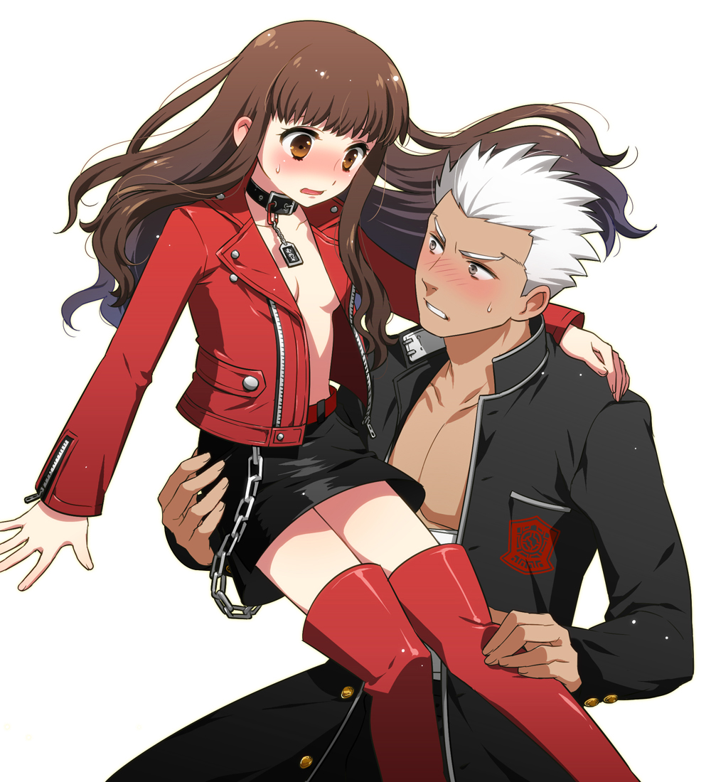 10s, 1boy, 1girl, adapted_costume, archer_(cool_and_wild)_(fate), archer_(fate), archer_(fate)_(cosplay), blush, brown_eyes, brown_hair, carrying, chain, choker, cosplay, dark-skinned_male, dark_skin, fate/extra, fate/extra_ccc, fate_(series), gakuran, grey_eyes, jacket, kishinami_hakuno_(female), leather, leather_jacket, long_hair, miniskirt, no_bra, open_clothes, open_jacket, school_uniform, skirt, tetsukuzu_tetsuko, thighhighs, white_hair
