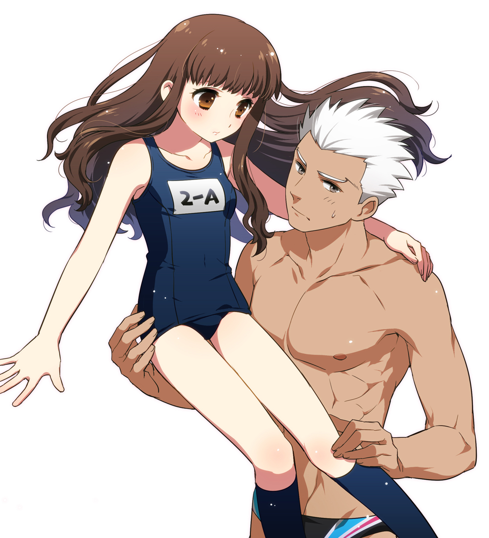 10s, 1boy, 1girl, archer_(black_swimmer)_(fate), archer_(fate), black_male_swimwear, black_swim_briefs, blue_one-piece_swimsuit, blue_school_swimsuit, brown_eyes, brown_hair, carrying, dark-skinned_male, dark_skin, fate/extra, fate/extra_ccc, fate_(series), grey_eyes, kishinami_hakuno_(female), long_hair, male_swimwear, name_tag, old_school_swimsuit, one-piece_swimsuit, school_swimsuit, swim_briefs, swimsuit, tetsukuzu_tetsuko, white_hair