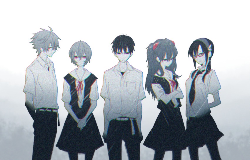 2boys, 3girls, ayanami_rei, hairband, hii101, hii_(hii101), ikari_shinji, long_hair, makinami_mari_illustrious, multiple_boys, multiple_girls, nagisa_kaworu, neon_genesis_evangelion, pixiv_sample, rebuild_of_evangelion, red_eyes, short_hair, smile, souryuu_asuka_langley, twintails