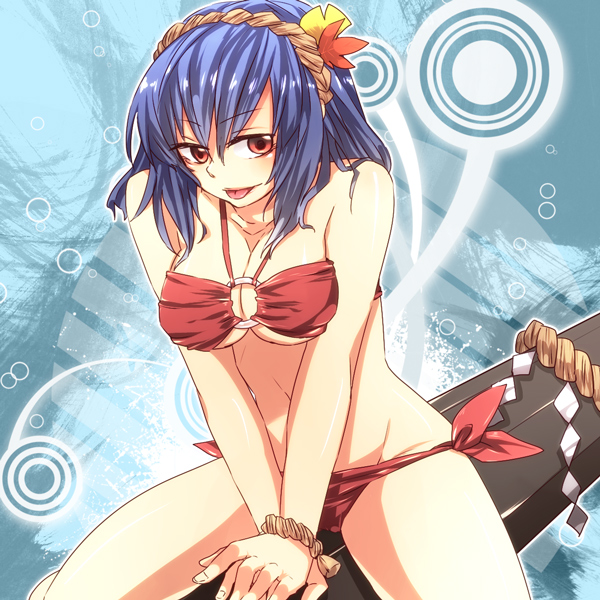 1girl, :p, bad_id, bad_pixiv_id, bandeau, bikini, blue_background, breasts