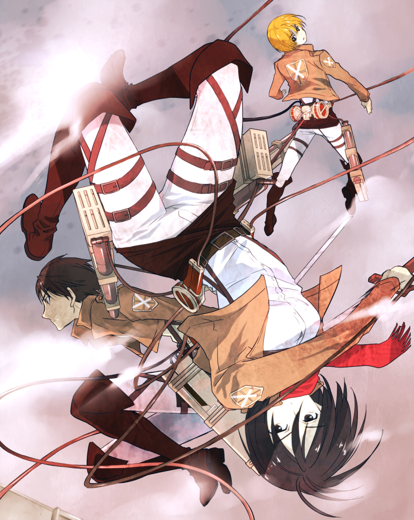 1girl, 2boys, armin_arlert, belt, black_eyes, black_hair, dual_wielding, eren_yeager