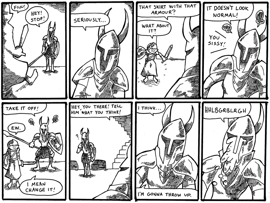 2boys, 4koma, ?, armor, chosen_undead, comic, dark_souls_(series), dark_souls_i