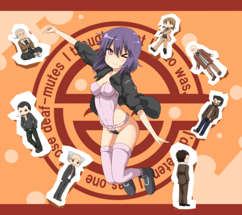 1girl, 6+boys, aramaki_daisuke, bald, batou_(gits), beard, black_hair, brown_hair